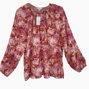 TIME AND TRU sz 2X Red Pink Floral Loose Fit Relaxed Tunic Top Plus Size 20W 22W